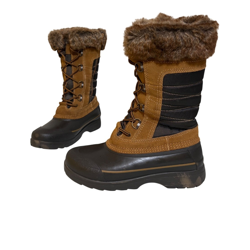 Lands End Womens Snow Duck Boots 7.5 Brown Insulated Faux Fur Winter Gorpcore